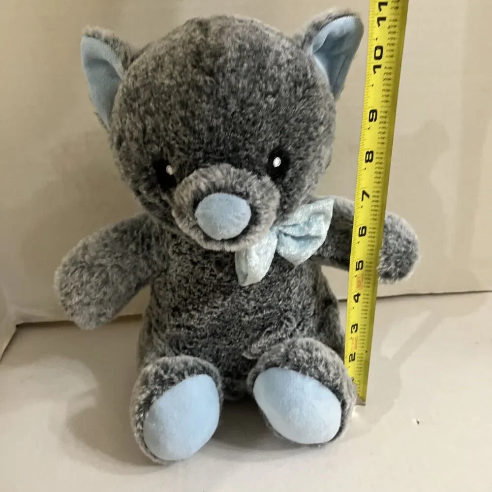 Lucky the Cat Grey & Blue Bow Squeaker Stuffed Animal Embroidered Eyes 10”